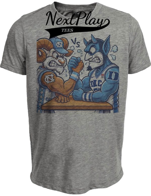 North Carolina Tar Heels vs. Duke Blue Devils Exclusive Retro Rivalries Basketball Arm Wrestling Artwork Heather Gray Sublimated T-Shirt