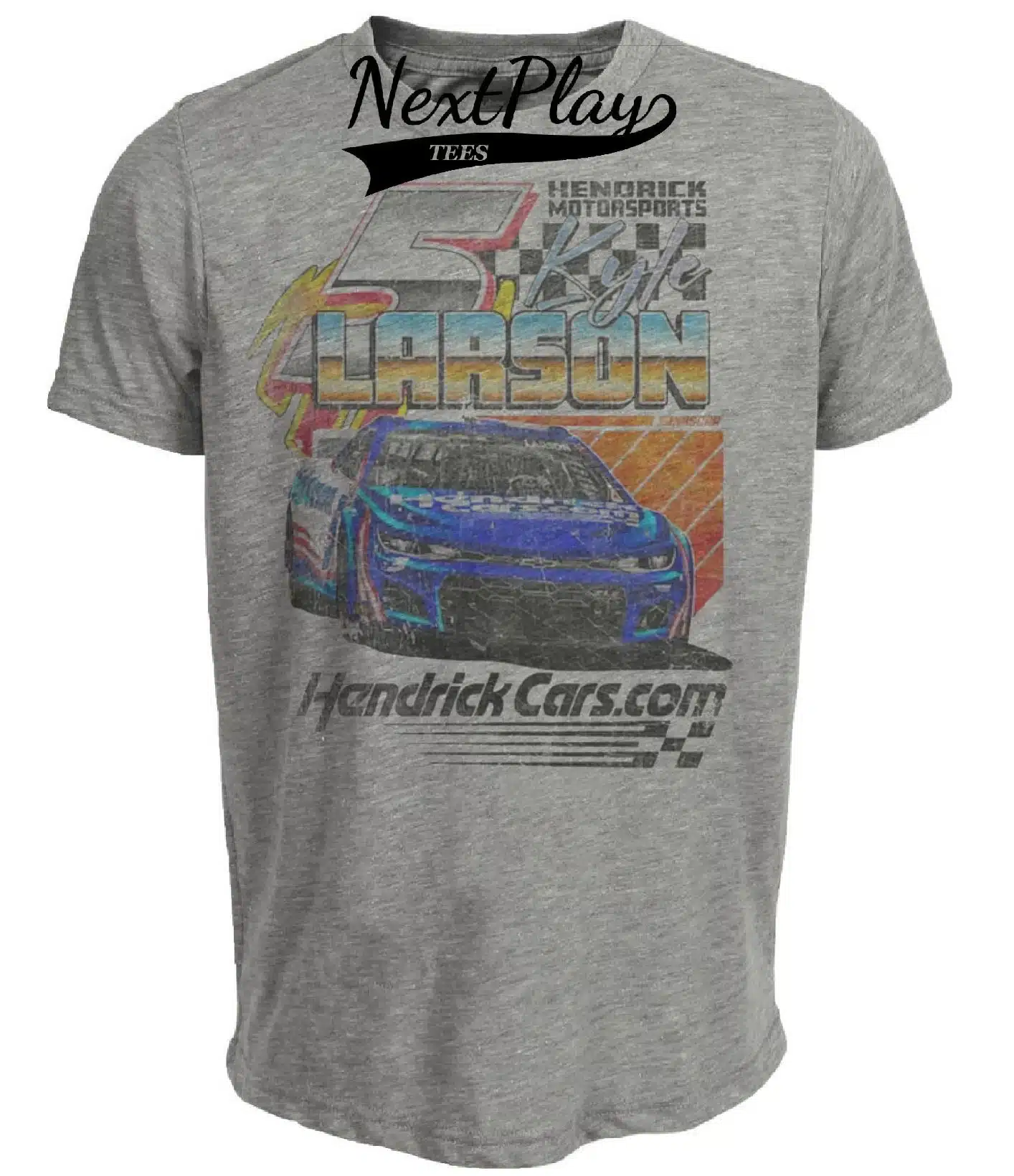 Kyle Larson Exclusive Checkered Flag Retro Racing Artwork Heather Gray Sublimated T-Shirt