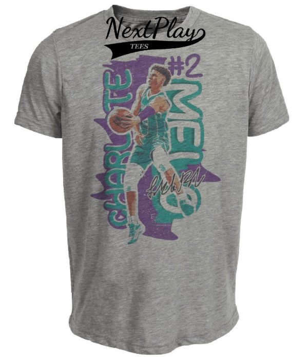 Charlotte Hornets PG LaMelo Ball Exclusive Retro Basketball Artwork Heather Gray Sublimated T-Shirt