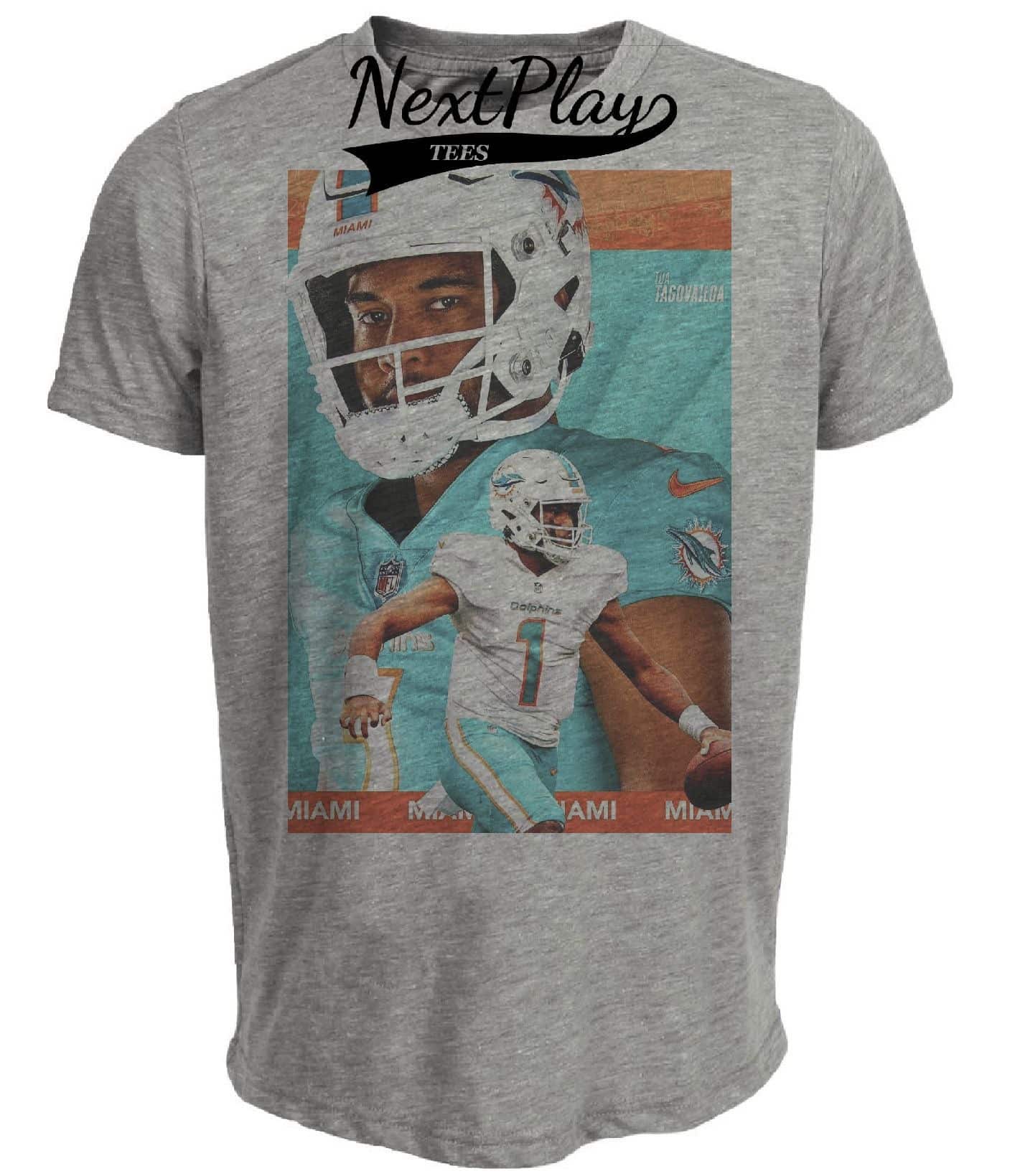Miami Dolphins Tua Tagovailoa Exclusive Retro Football Artwork Heather Gray Sublimated T-Shirt