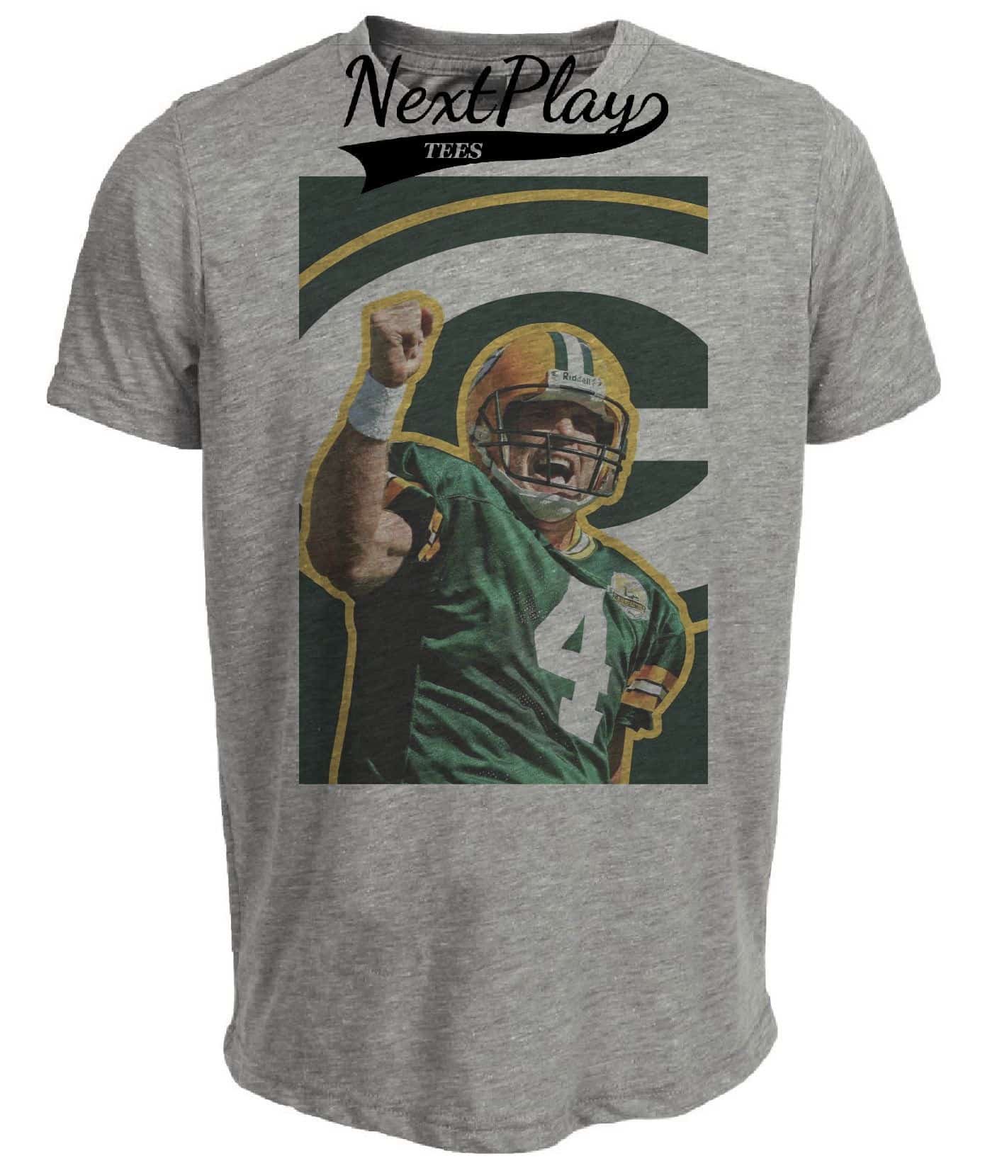 Green Bay Packers Brett Favre Exclusive Retro Football Artwork Heather Gray Sublimated T-Shirt