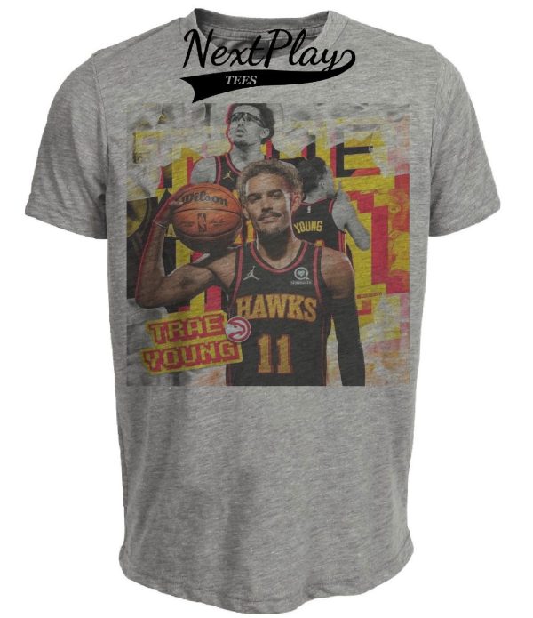 Atlanta Hawks Trae Young Exclusive Retro Basketball Artwork Heather Gray Sublimated T-Shirt
