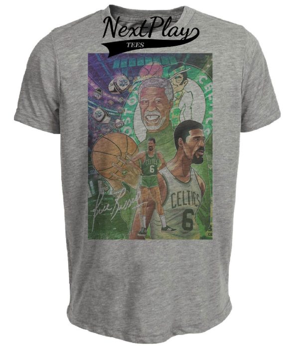 Boston Celtics Bill Russell Exclusive Retro Basketball Artwork Heather Gray Sublimated T-Shirt