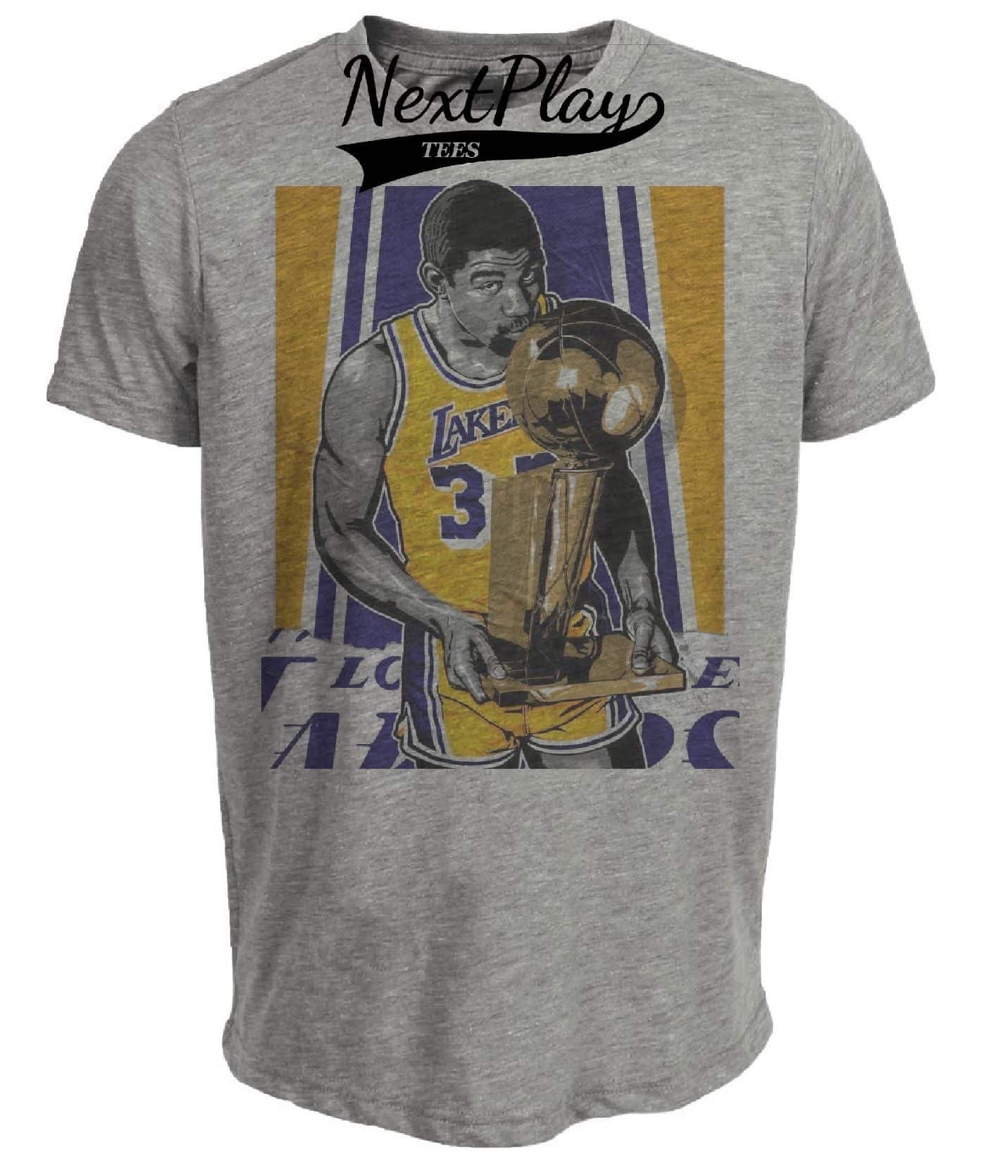 Los Angeles Lakers Magic Johnson Exclusive Retro Basketball Championship Artwork Heather Gray Sublimated T-Shirt