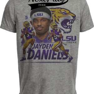 LSU Tigers Jayden Daniels Exclusive Retro Football Artwork Heather Gray Sublimated T-Shirt