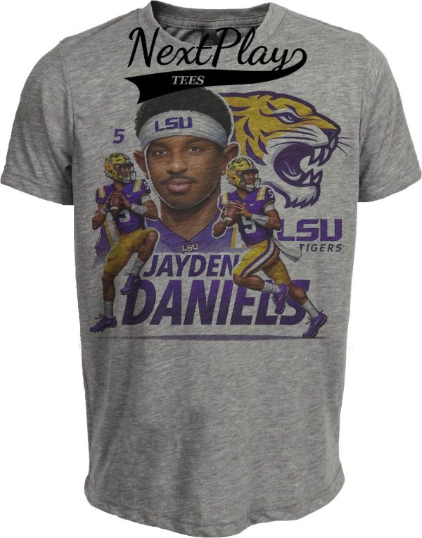 LSU Tigers Jayden Daniels Exclusive Retro Football Artwork Heather Gray Sublimated T-Shirt