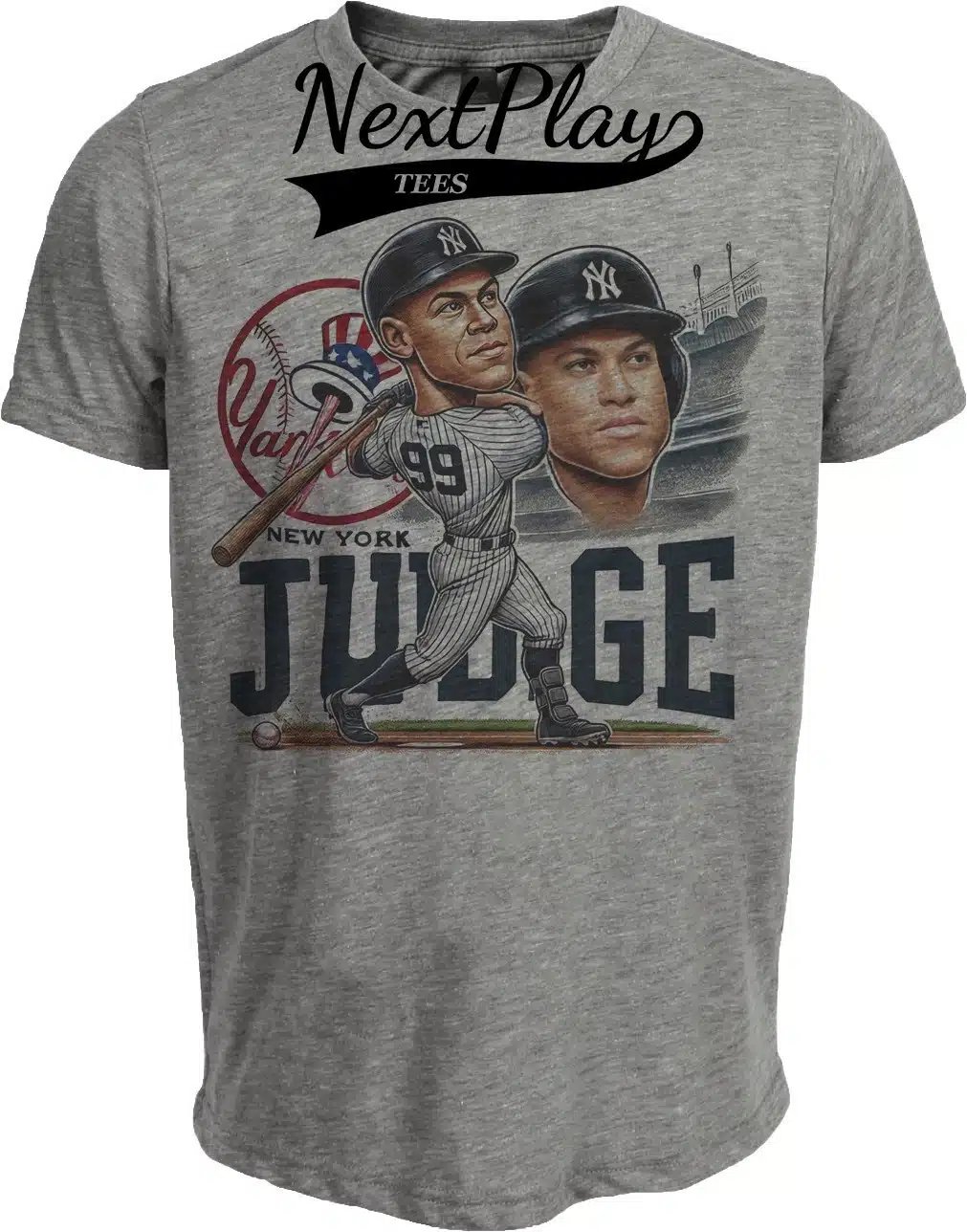 New York Yankees Aaron Judge Exclusive Retro HR Swing Baseball Artwork Heather Gray Sublimated T-Shirt