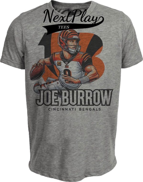Cincinnati Bengals QB Joe Burrow #9 Exclusive Retro Football Artwork Heather Gray Sublimated T-Shirt