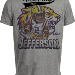 LSU Tigers Justin Jefferson Exclusive Retro Football Artwork Heather Gray Sublimated T-Shirt