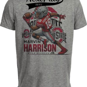 Ohio State Buckeyes Marvin Harrison Jr. Exclusive Retro Football Artwork Heather Gray Sublimated T-Shirt