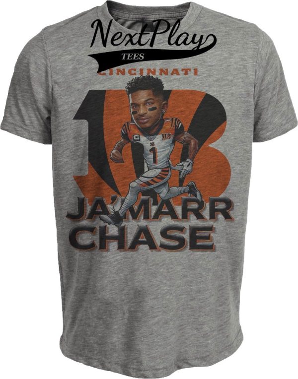 Cincinnati Bengals Ja’Marr Chase Exclusive Retro Football Artwork Heather Gray Sublimated T-Shirt