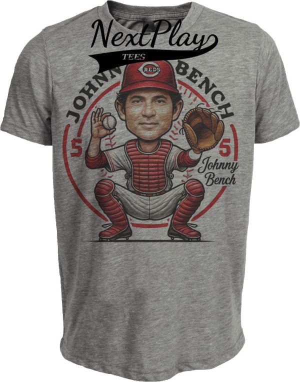 Cincinnati Reds Johnny Bench Exclusive Retro Baseball 1975 Artwork Heather Gray Sublimated T-Shirt