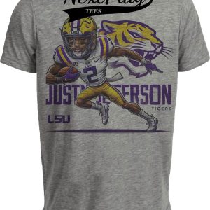 LSU Tigers WR Justin Jefferson Exclusive Retro Football Artwork Heather Gray Sublimated T-Shirt