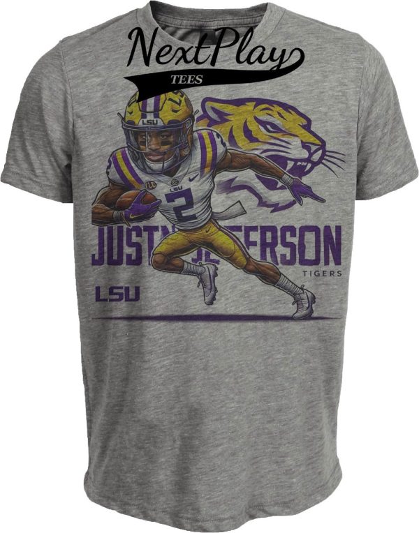 LSU Tigers WR Justin Jefferson Exclusive Retro Football Artwork Heather Gray Sublimated T-Shirt