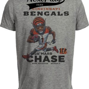 Cincinnati Bengals WR Ja’Marr Chase #1 Exclusive Retro Football Artwork Heather Gray Sublimated T-Shirt