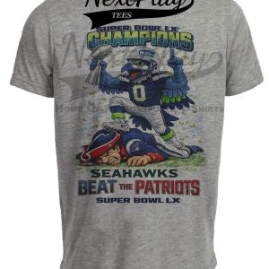 Seattle Seahawks vs. New England Patriots Super Bowl LX Champs Football Gray Sublimated T-Shirt