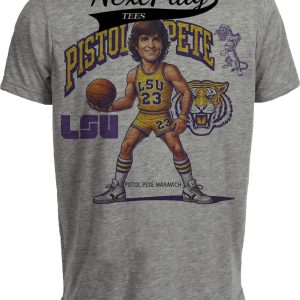 LSU Tigers Pistol Pete Maravich Exclusive Retro Basketball 1969 Artwork Heather Gray Sublimated T-Shirt