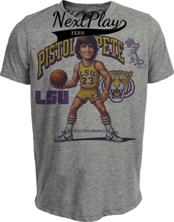 LSU Tigers Pistol Pete Maravich Exclusive Retro Basketball 1969 Artwork Heather Gray Sublimated T-Shirt