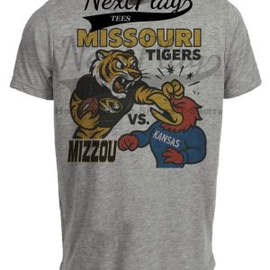 Missouri Tigers vs. Kansas Jayhawks Exclusive Retro Rivalries Football Mizzou Artwork Heather Gray Sublimated T-Shirt