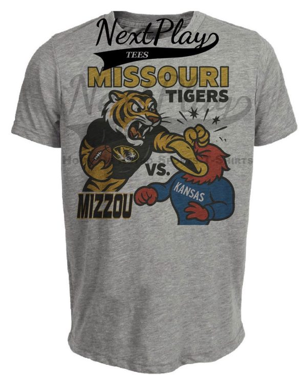 Missouri Tigers vs. Kansas Jayhawks Exclusive Retro Rivalries Football Mizzou Artwork Heather Gray Sublimated T-Shirt