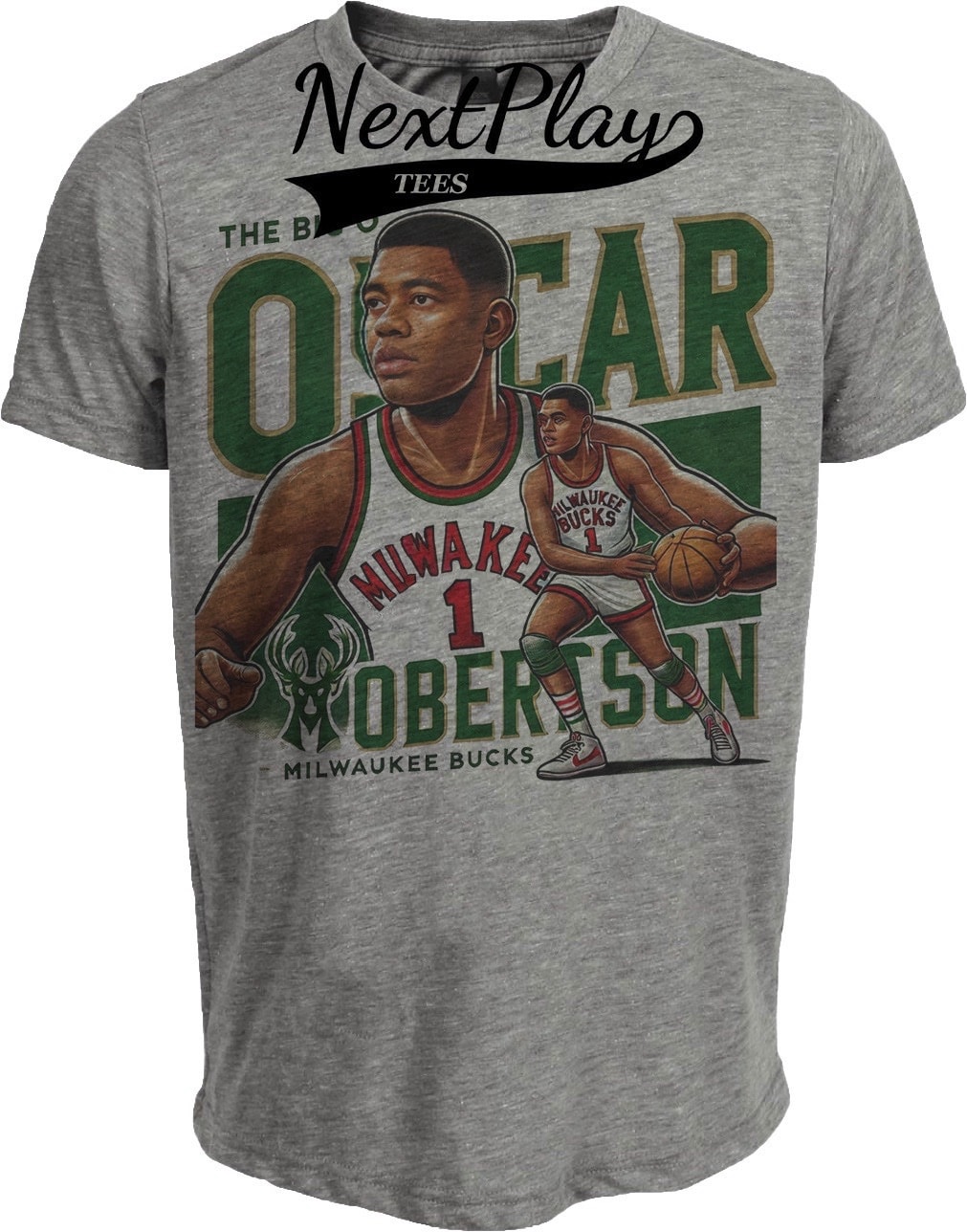 Milwaukee Bucks Oscar Robertson Exclusive Retro Basketball Artwork Heather Gray Sublimated T-Shirt