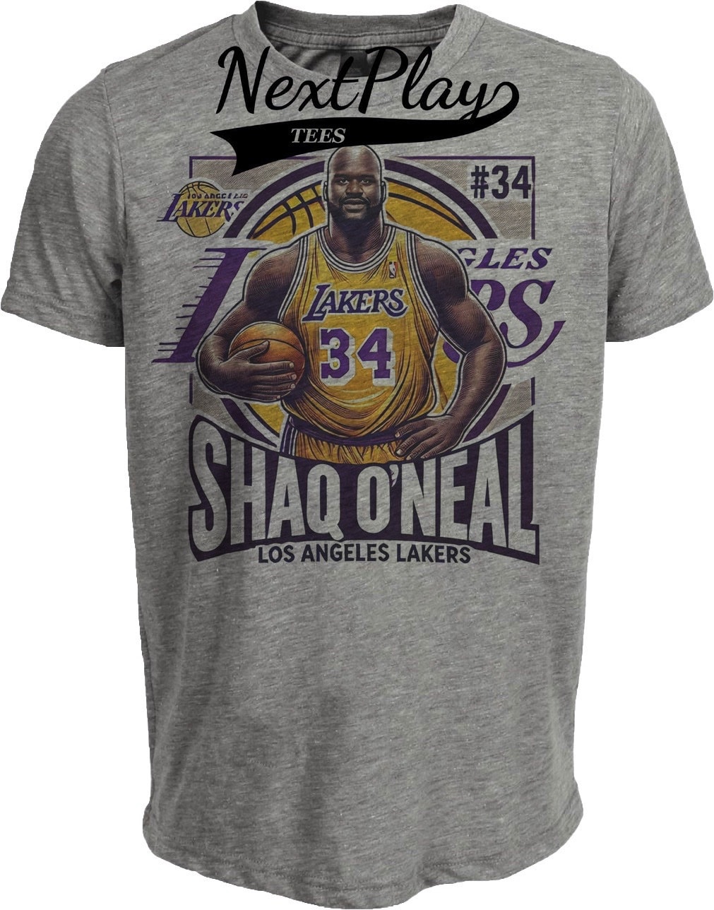 Los Angeles Lakers Shaquille O’Neal Exclusive Retro Basketball 1996 Artwork Heather Gray Sublimated T-Shirt