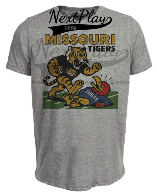 Missouri Tigers vs. Kansas Jayhawks Exclusive Retro Rivalries Football Artwork Heather Gray Sublimated T-Shirt
