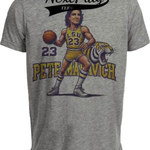 LSU Tigers Pistol Pete Maravich Exclusive Retro Basketball 1968 Artwork Heather Gray Sublimated T-Shirt