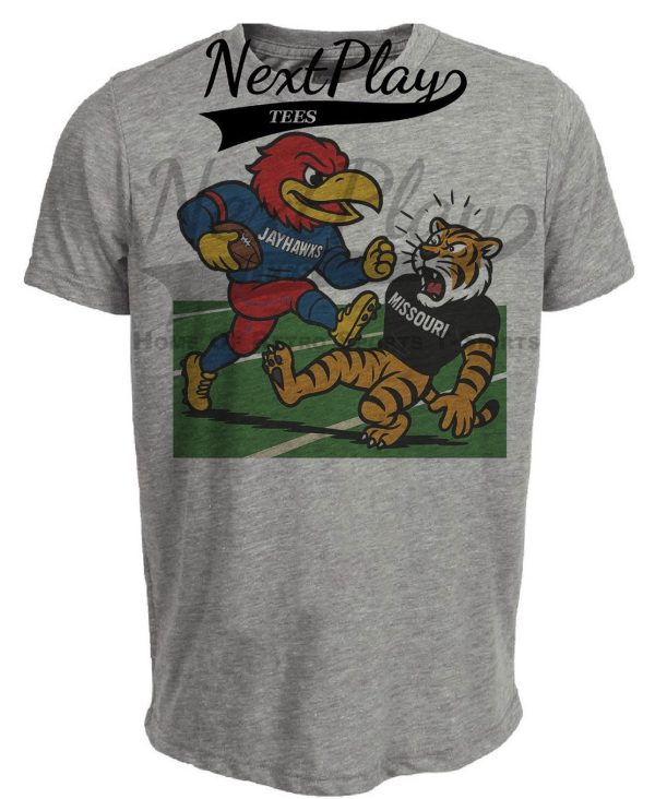 Kansas Jayhawks vs. Missouri Tigers Exclusive Retro Rivalries Football Artwork Heather Gray Sublimated T-Shirt