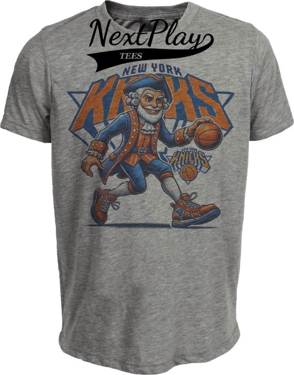 New York Knicks Exclusive Retro Basketball Dribbling Mascot Artwork Heather Gray Sublimated T-Shirt