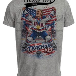 USA Matthew Tkachuk Gold Olympic Hockey Gray Sublimated T-Shirt