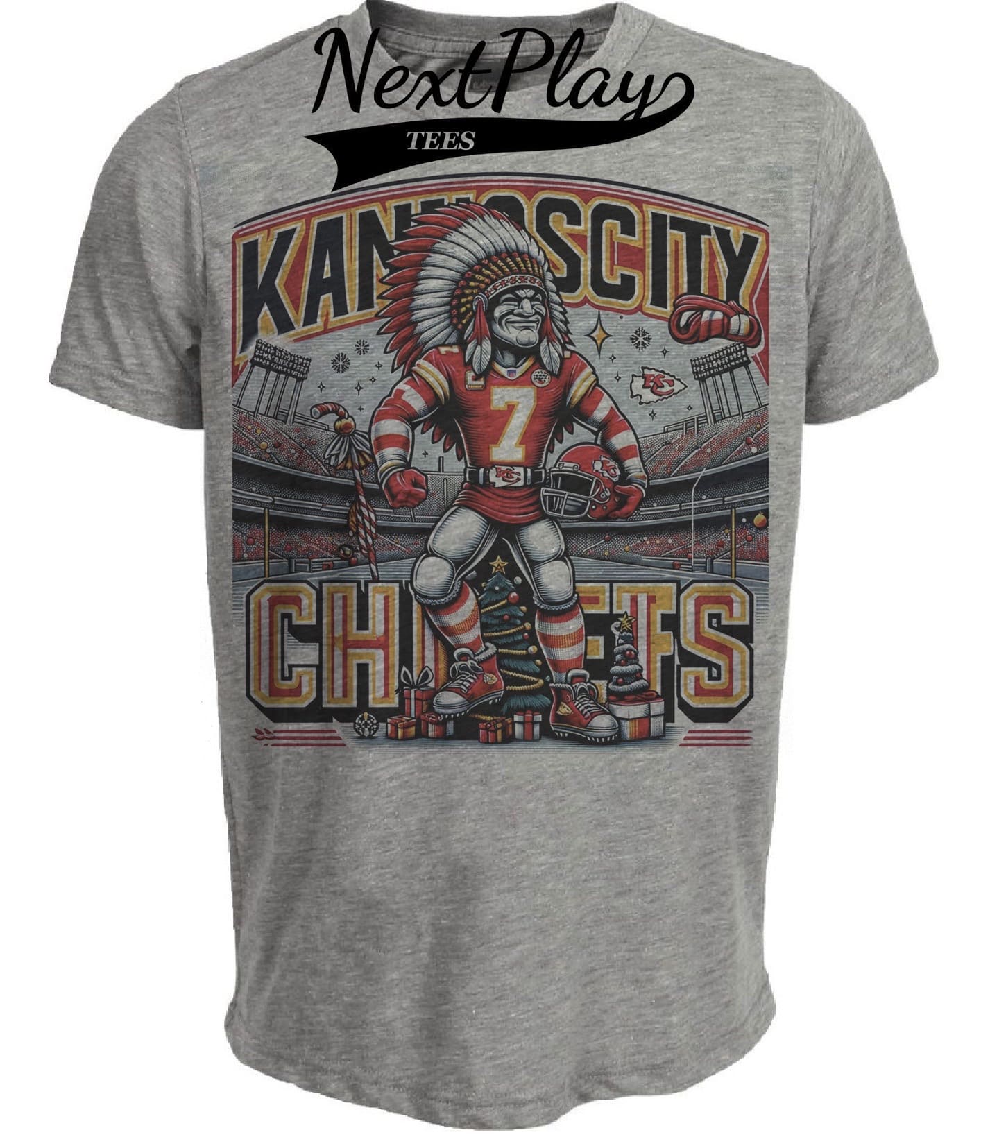 Kansas City Chiefs Holiday Stadium Exclusive Retro Football Artwork Heather Gray Sublimated T-Shirt