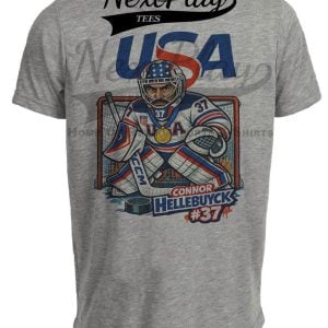 USA Connor Hellebuyck Goalie Gold Olympic Hockey Gray Sublimated T-Shirt