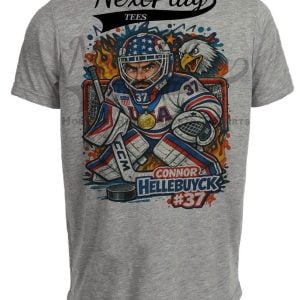 USA Connor Hellebuyck Graffiti Gold Olympic Hockey Gray Sublimated T-Shirt