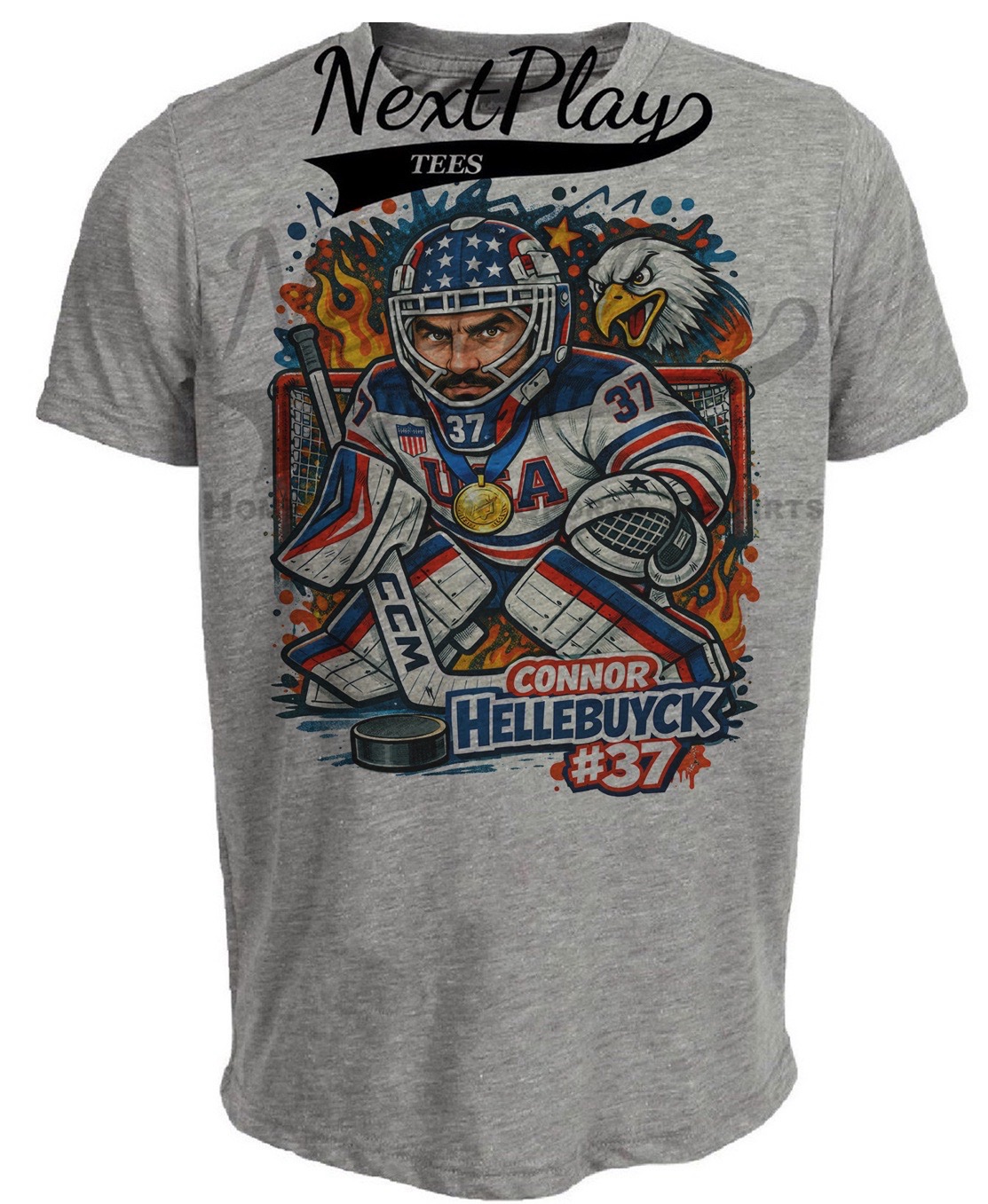 USA Connor Hellebuyck Graffiti Gold Olympic Hockey Gray Sublimated T-Shirt