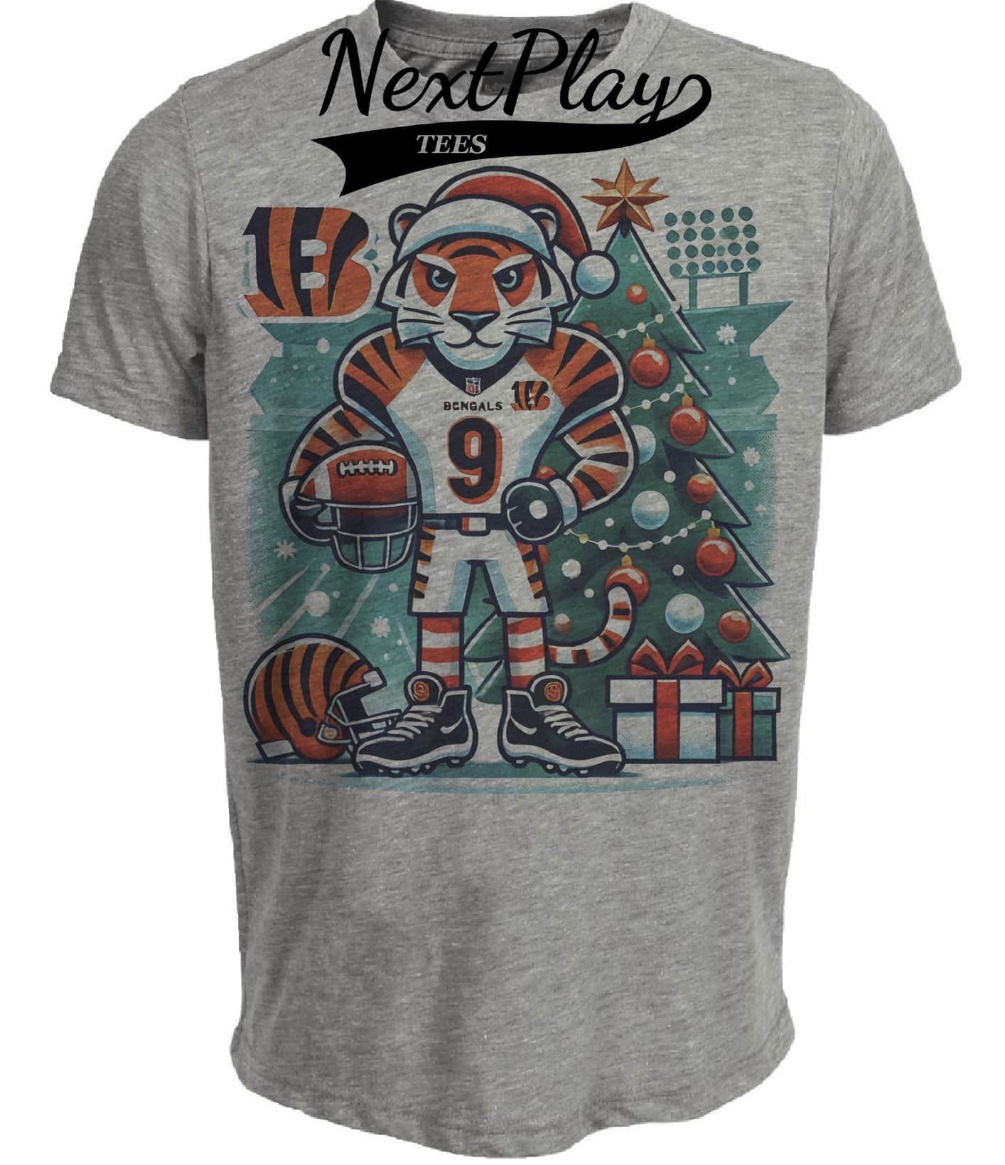 Cincinnati Bengals Holiday Burrow Exclusive Retro Football Artwork Heather Gray Sublimated T-Shirt