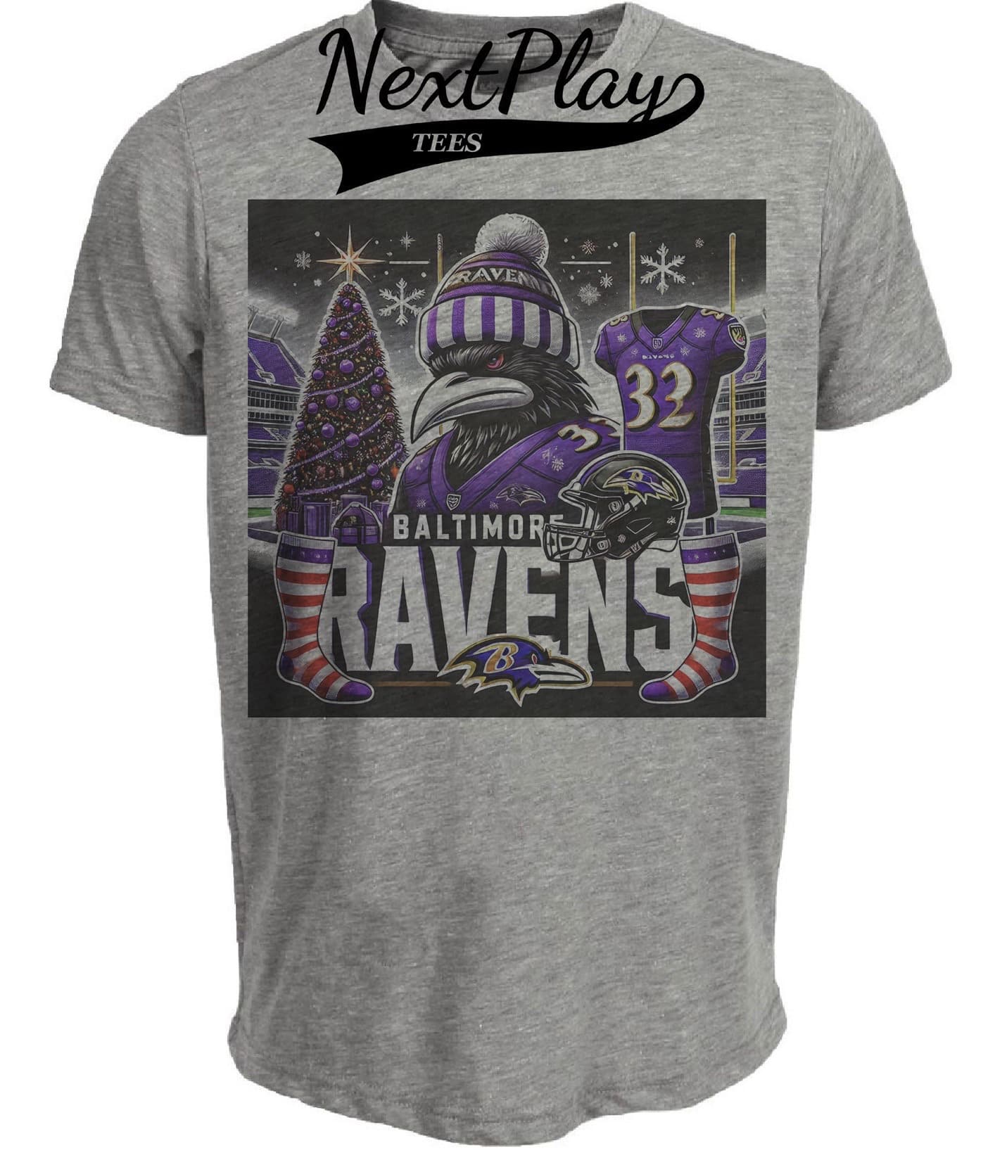 Baltimore Ravens Holiday Stadium Exclusive Retro Football Artwork Heather Gray Sublimated T-Shirt