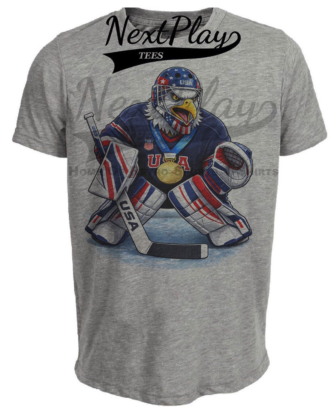USA Hockey Gold Bald Eagle Goalie Winter Olympics Gray Sublimated T-Shirt