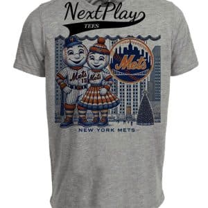 New York Mets Holiday Exclusive Mr. And Mrs. Met Retro Baseball Artwork Heather Gray Sublimated T-Shirt