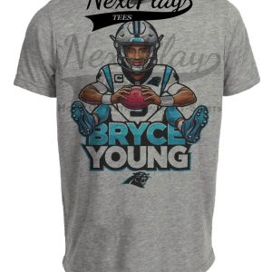 Carolina Panthers Bryce Young Exclusive Retro Football Artwork Heather Gray Sublimated T-Shirt