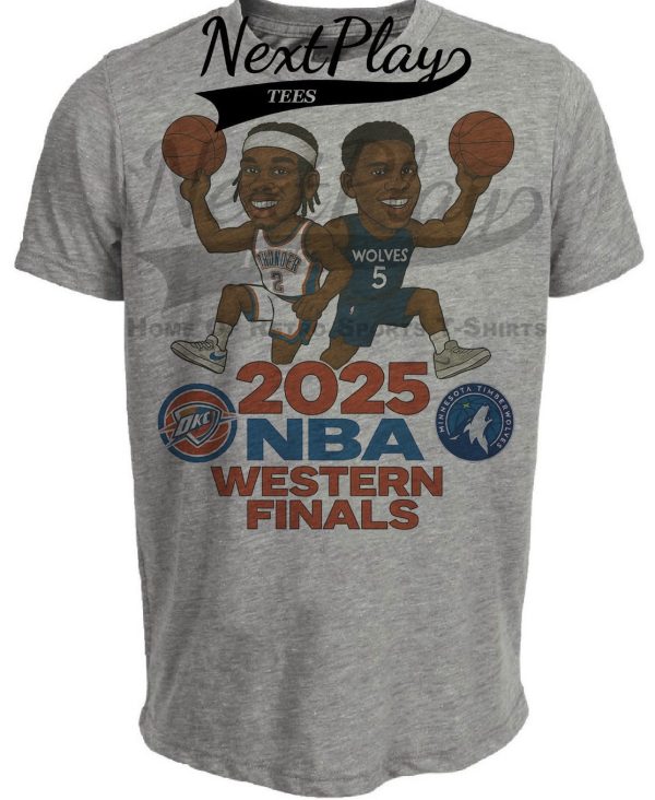 Oklahoma City Thunder Shai Gilgeous-Alexander vs. Minnesota Timberwolves Anthony Edwards Exclusive Western Finals Retro Rivalries Basketball Artwork Heather Gray Sublimated T-Shirt