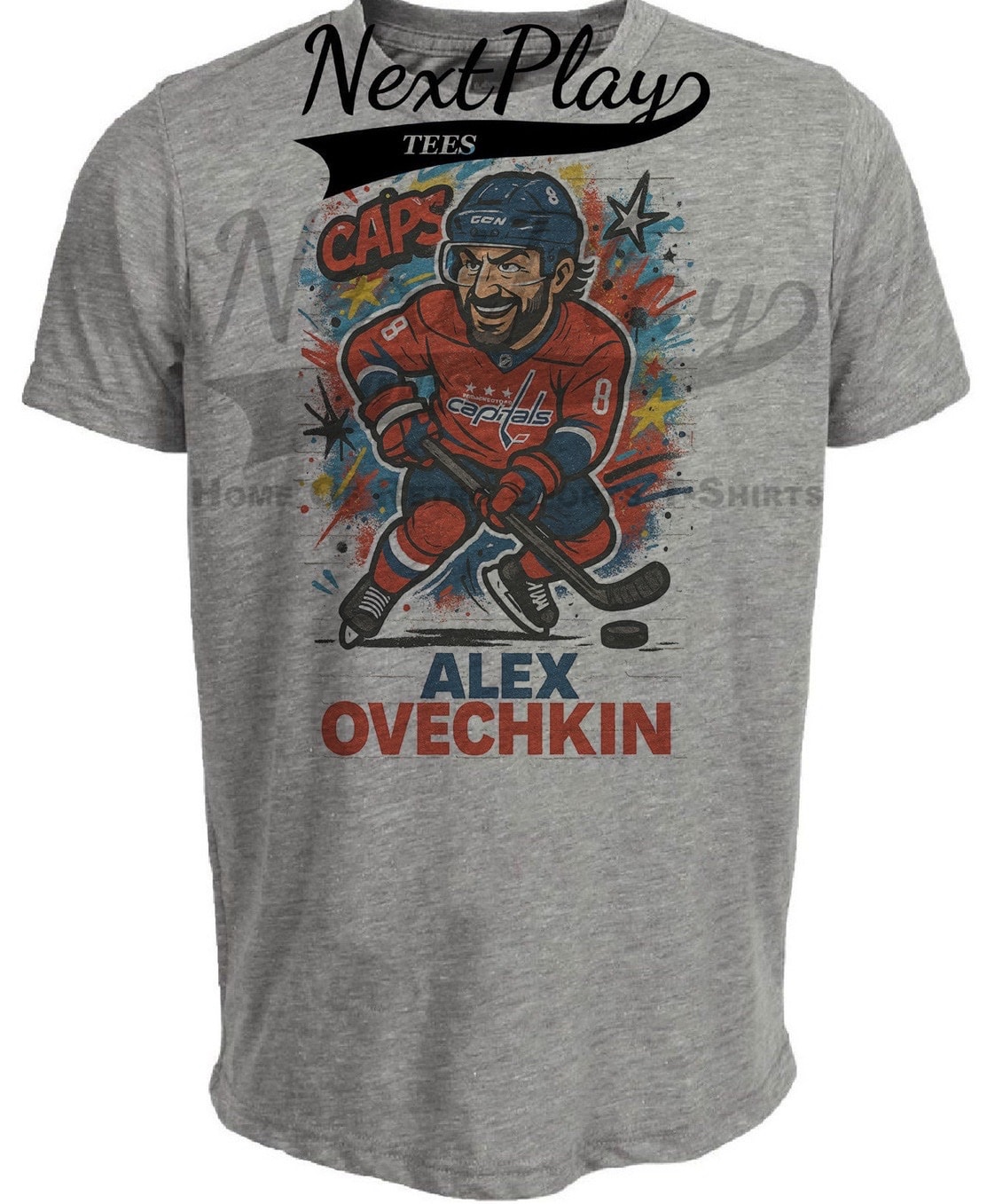 Washington Capitals Alex Ovechkin Caricature Exclusive Caps Retro Hockey Artwork Heather Gray Sublimated T-Shirt