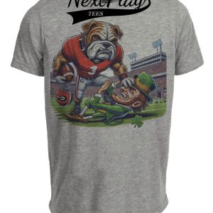Georgia Bulldogs vs. Notre Dame Fighting Irish Exclusive Retro Rivalries Playoff Football Stiff Arm Artwork Heather Gray Sublimated T-Shirt