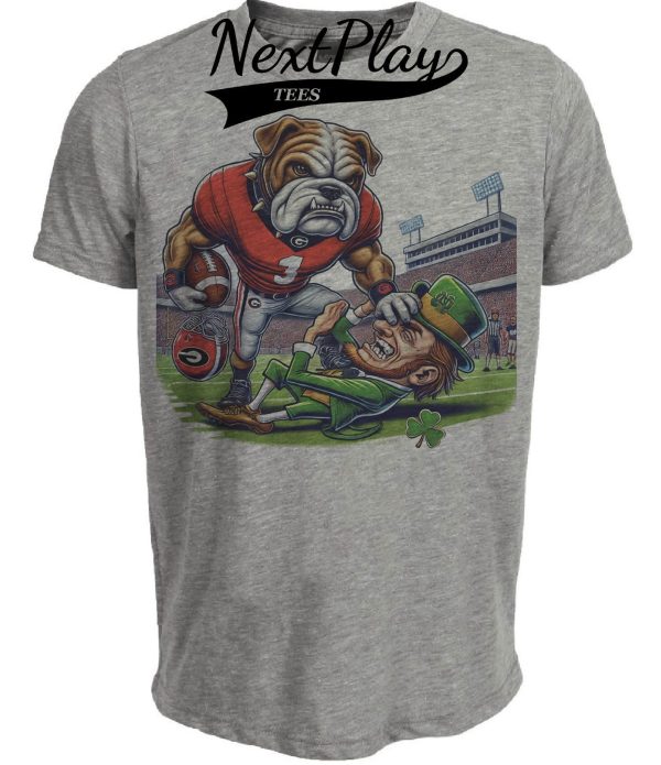 Georgia Bulldogs vs. Notre Dame Fighting Irish Exclusive Retro Rivalries Playoff Football Stiff Arm Artwork Heather Gray Sublimated T-Shirt