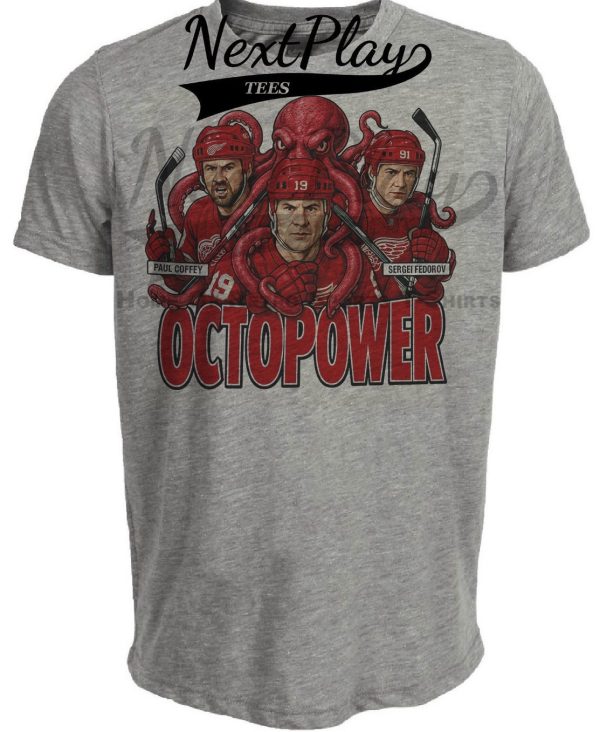 Detroit Red Wings Octopower Sergei Fedorov Paul Coffey & Steve Yzerman Exclusive Retro Hockey 1990 Artwork Heather Gray Sublimated T-Shirt