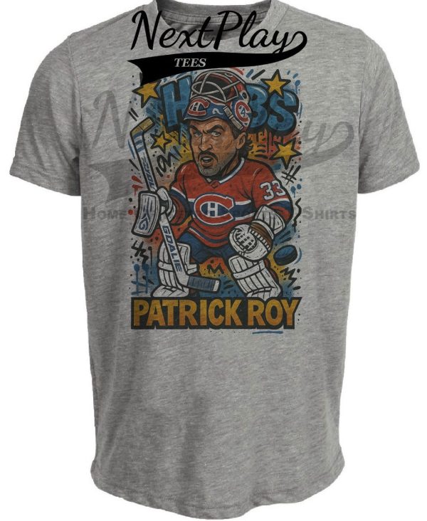 Montreal Canadians Patrick Roy Caricature Exclusive Retro Hockey Artwork Heather Gray Sublimated T-Shirt