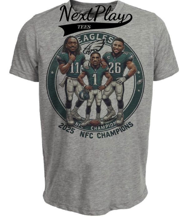 Philadelphia Eagles Jalen Hurts Saquon Barkley AJ Brown Exclusive Retro Conference Champions Football Artwork Heather Gray Sublimated T-Shirt