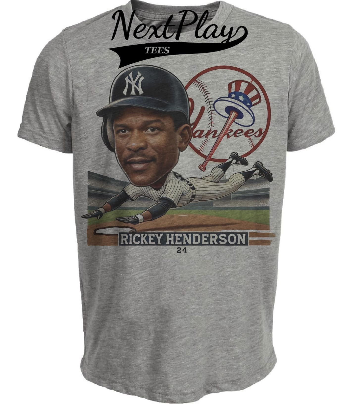 New York Yankees Rickey Henderson Exclusive Retro Baseball 1986 Artwork Heather Gray Sublimated T-Shirt