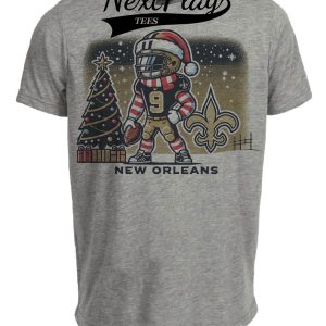 New Orleans Saints Holiday Santa Brees Exclusive Retro Football Artwork Heather Gray Sublimated T-Shirt