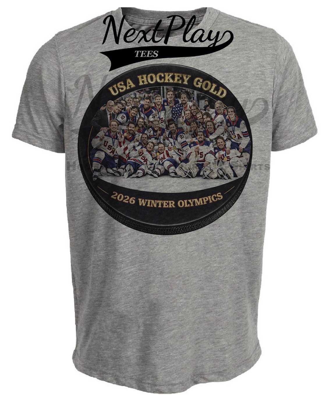 USA Hockey Gold Olympic Team Puck Gray Sublimated T-Shirt
